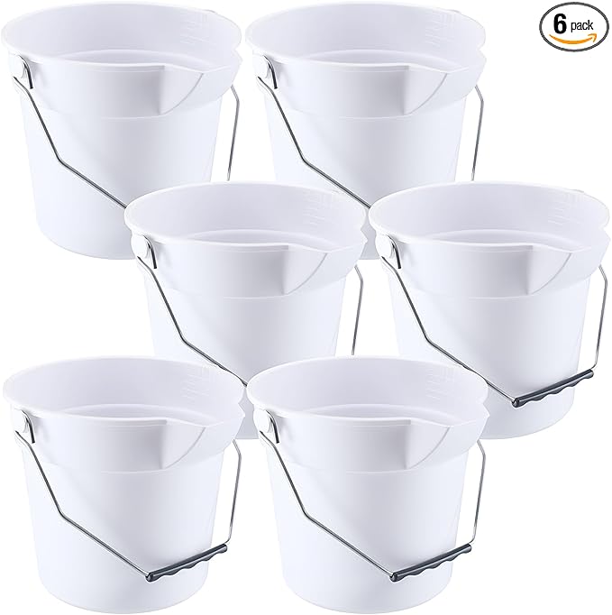 6 Pcs 2.5 Gallon Bucket for Cleaning Plastic Heavy Duty Clean Bucket with Handle and Spout Industrial Storage Container (White)