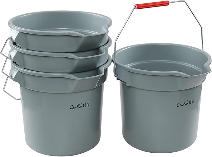 14 Quart Round Water Bucket with Grip Handle, 4 Pack Plastic Commercial Cleaning Pail, Grey