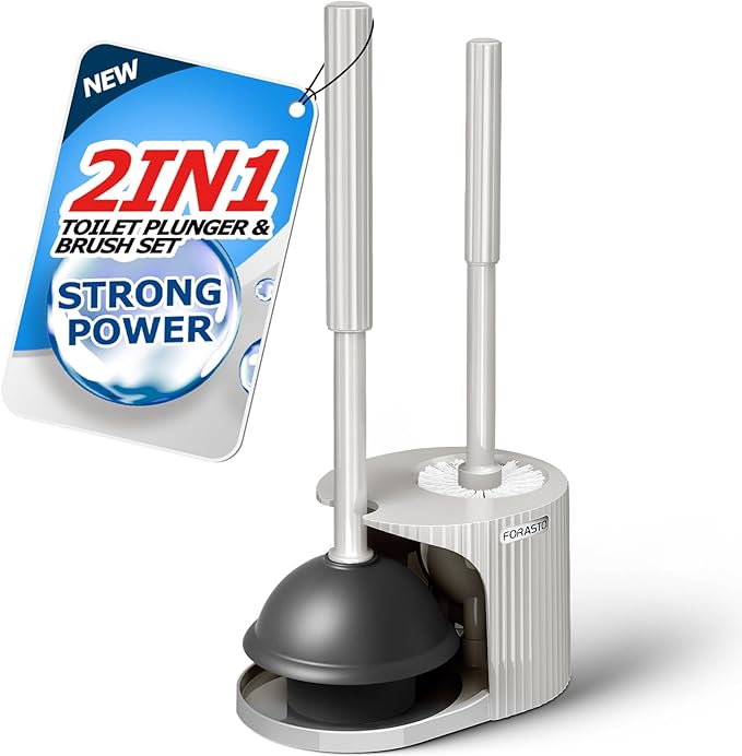 2 in 1 Toilet Plunger and Brush Set,Extended Handle Plunger,Toilet Bowl Brush Plunger Set,Bathroom Cleaning Tools,Cleaning Brush,Toilet Brush Plunger Combo,Cream Grey（21inch）