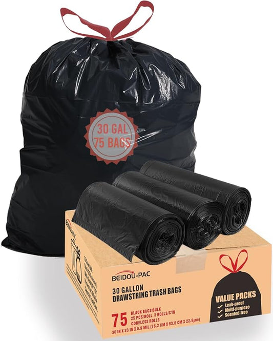 30 Gallon Trash Bags Drawstring, 75 Count Bulk, Black & Unscented, Multi-purpose Garbage Bags Can Liners for Business Home Kitchen Commercial and Industrial
