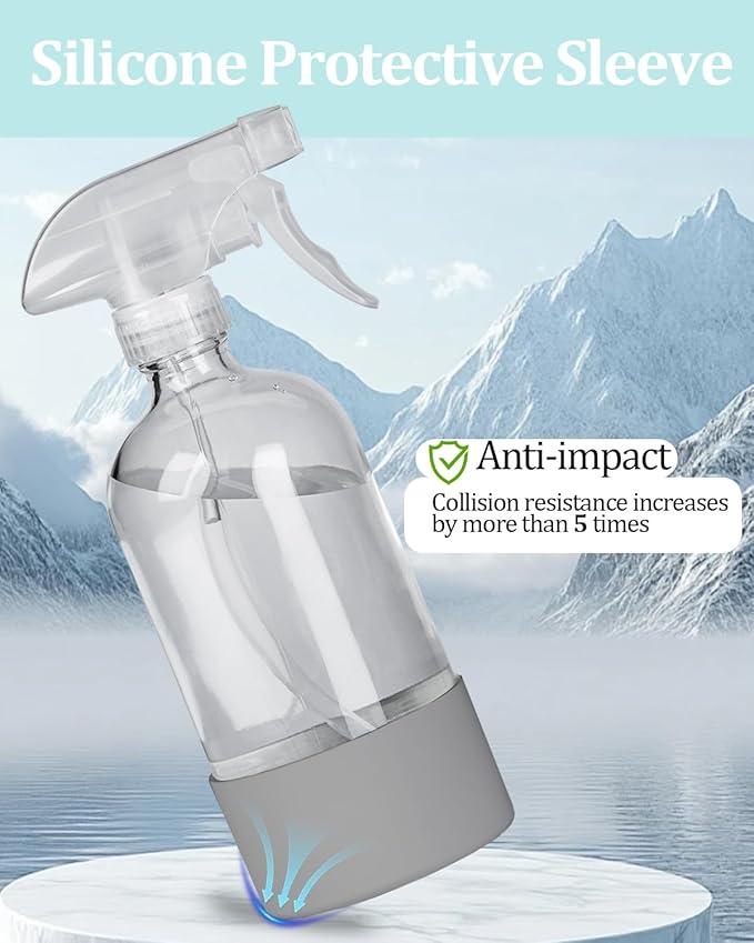 2 Pack 360° Glass Spray Bottles with Silicone Sleeve, 16 oz Empty Refillable Containers with Adjustable Spray Nozzles, Spray Bottles for Hair, Cleaning Solutions and Plants Grey