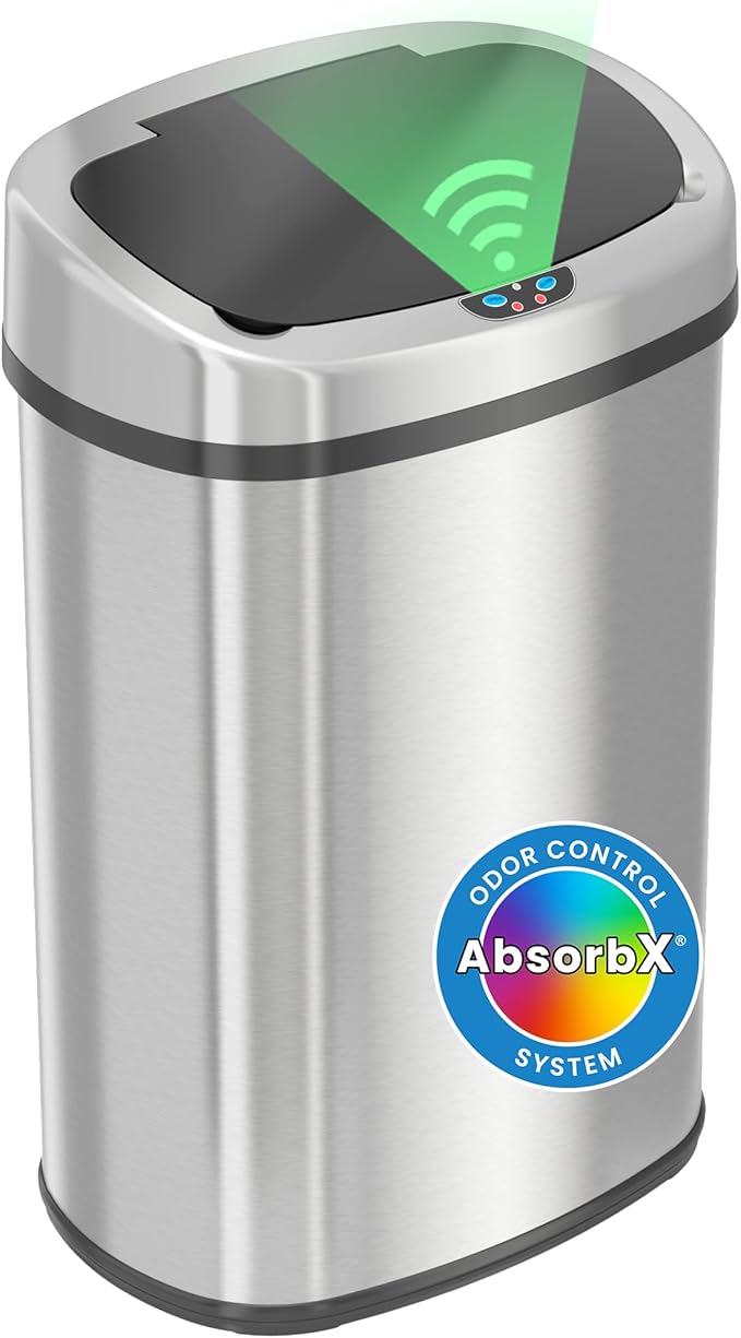 iTouchless SensorCan 50 Liter / 13 Gallon Kitchen Trash Can with Lid & Odor Filter – Motion Sensor Stainless Steel Garbage Bin for Home, Office, or Garage – Slim Oval Shape, Large Capacity Design