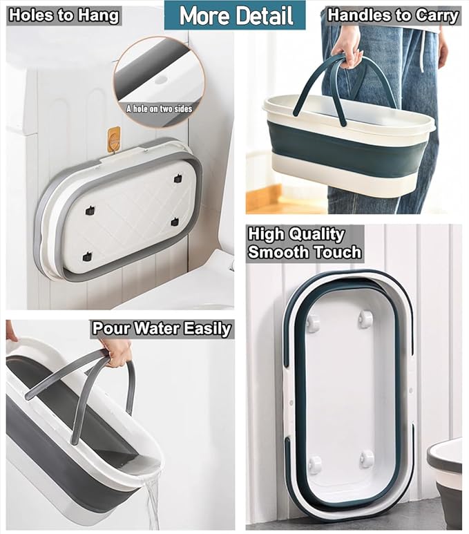 Collapsible Mop Wash Basin Bucket with Handle and Wheels, 12L (3.2 Gallon) Portable Plastic Basket Crate Tub for Storage Organization, Foldable Water Bin Container for Cleaning, Car Washing, Blue