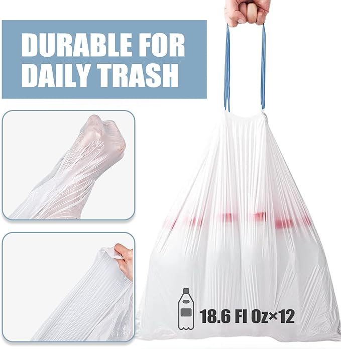 Small Trash Bags 4 Gallon - Drawstring 4 Gallon Trash Bag, Tear-Free 4 Gal Small Garbage Bags, Separated Unscented White Small Trash Bags Bathroom Trash Bags, 57 Count