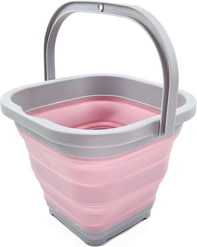 SAMMART Collapsible Rectangular Cleaning Bucket 5L (1.3 Gallon)- Foldable Camping Beach Sand Water Pot Pail- Portable Space Saving Tub for Household, Outdoor Car Washing (Grey/Pale Pink)