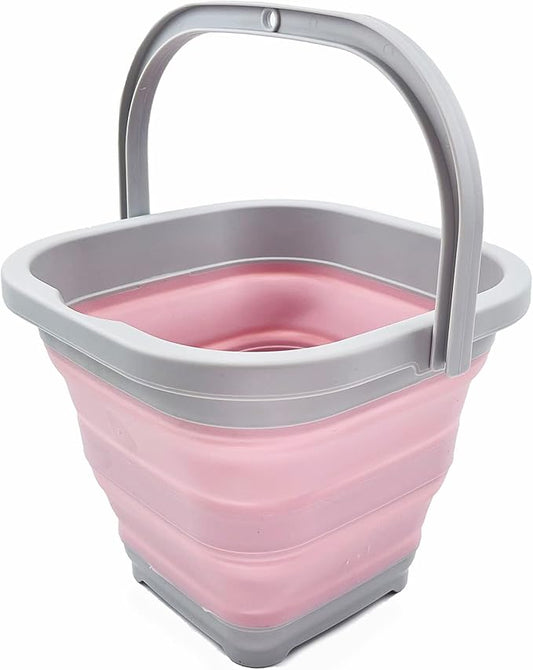 SAMMART Collapsible Rectangular Cleaning Bucket 5L (1.3 Gallon)- Foldable Camping Beach Sand Water Pot Pail- Portable Space Saving Tub for Household, Outdoor Car Washing (Grey/Pale Pink)