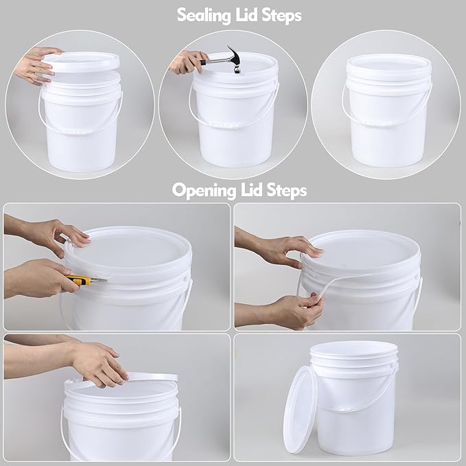 7 Gallon Plastic Bucket with Airtight Lid, Food Grade All Purpose Pail Built-in Handle, White (Pack of 4)