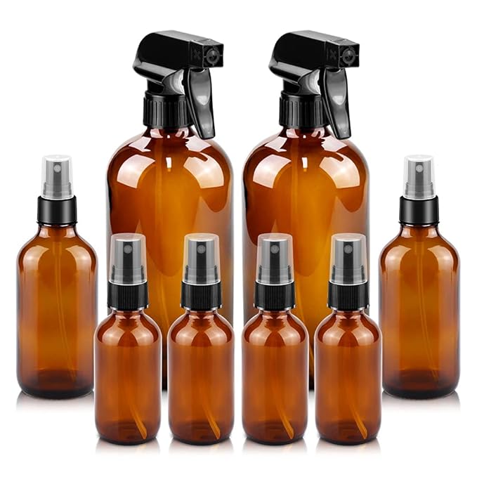 Glass Spray Bottles, 16oz*2+4oz*2+2oz*4 Refillable Containers, Empty Boston Round Bottles with Adjustable Nozzle for Cleaning, Gardening, Aromatherapy, Pets, Plant, Hair -Amber