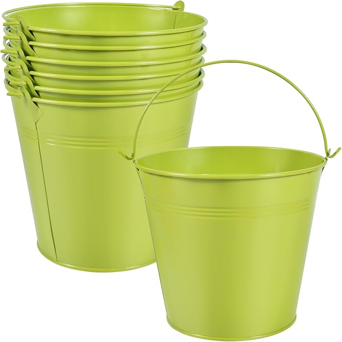 OBTANIM 7 Pack Green Metal Buckets with Handle Galvanized Ice Pails for Plants, Succulents, Party Favors Organizing, Rustic Home Decor or Classrooms Pencil Storage (7.1 x 5.2 inch)