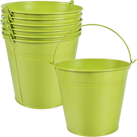 OBTANIM 7 Pack Green Metal Buckets with Handle Galvanized Ice Pails for Plants, Succulents, Party Favors Organizing, Rustic Home Decor or Classrooms Pencil Storage (7.1 x 5.2 inch)