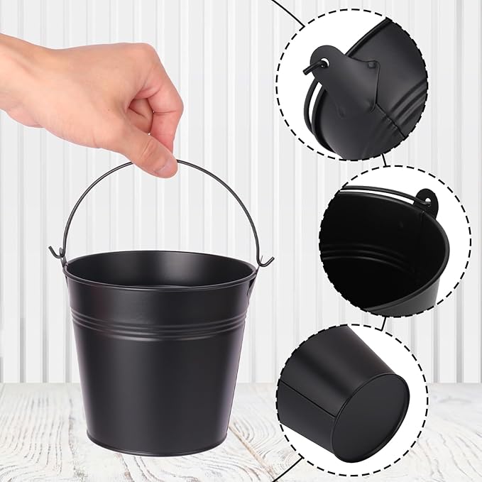 15 Pack 5.1" Black Metal Bucket, Elegant Galvanized Buckets with Handles, Tin Buckets, Small Iron Bucket, Metal Pail for Party Favors, Crafts, Garden & Beach