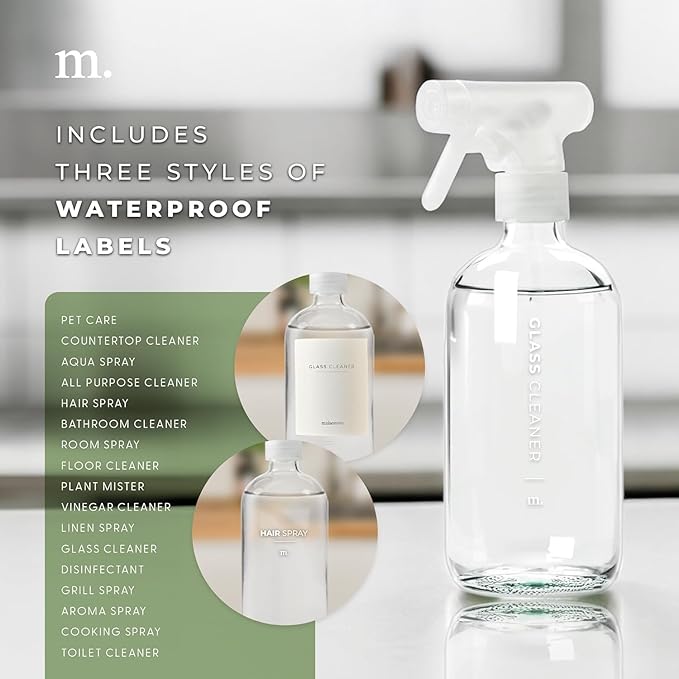 MaisoNovo Glass Spray Bottles for Cleaning - 16.9 fl oz Clear x 1 with 16 Labels