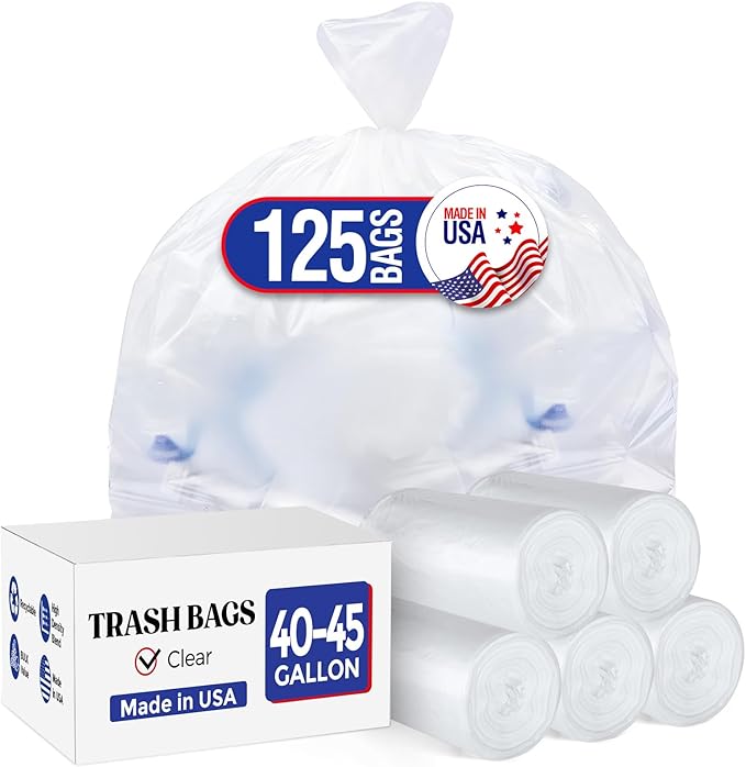 Delxo 40-45 Gallon Clear Trash Bags, 125 Count – Medium Duty Garbage Bags, Thick, Durable & Puncture-Resistant Plastic Can Liners– Made in USA for Kitchen, Yard & Commercial Use