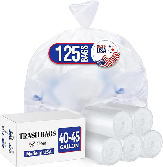 Delxo 40-45 Gallon Clear Trash Bags, 125 Count – Medium Duty Garbage Bags, Thick, Durable & Puncture-Resistant Plastic Can Liners– Made in USA for Kitchen, Yard & Commercial Use