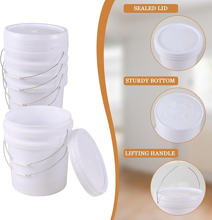 4 Gallon Plastic Food Grade White Bucket with Handle, All Purpose Storage Round Bucket Pail, 6 Packs