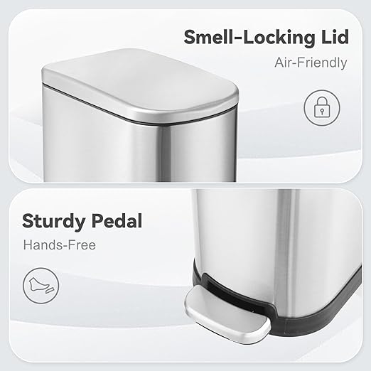 Bathroom Trash Can with Soft-Close Lid 3.5 Gallon Stainless Steel Garbage Can with Removable Inner Bucket Slim Trash Bins for Bedroom, Office (Silver)