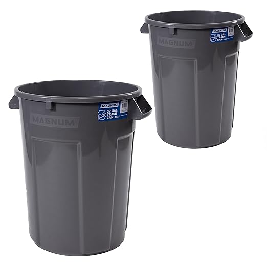 Magnum 32 Gallon Trash Can, Construction Grade, Heavy Duty Plastic, Jobsite Ready for Handling and Holding Garbage CMTC-C000-32G02 (2 Pack)