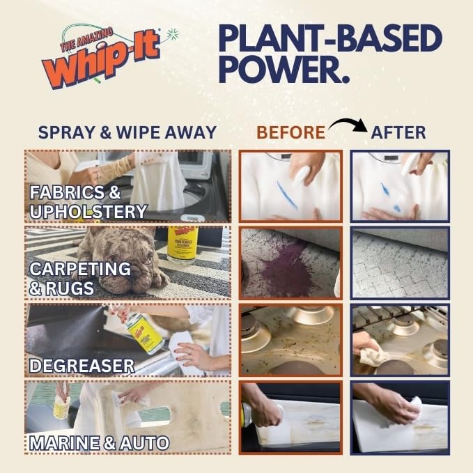Whip It Cleaner, Multi Purpose Stain Remover Professional Strength Spray, Plant Based Enzyme Cleaner, Cleaning Food, Coffee, Wine, Baby Stains, Pet Stains, Over 500 uses, Made in USA, 32 OZ