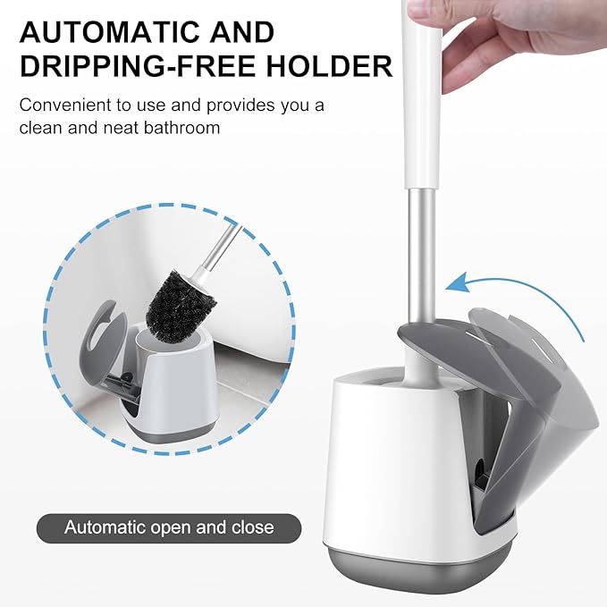 SetSail Toilet Brush and Holder 2 Pack, Self Closing Lid Toilet Bowl Brushes Holder and Extra Long Handle Ventilated Toilet Brush Set for Bathroom Cleaning, Nylon Bristles, White & Grey