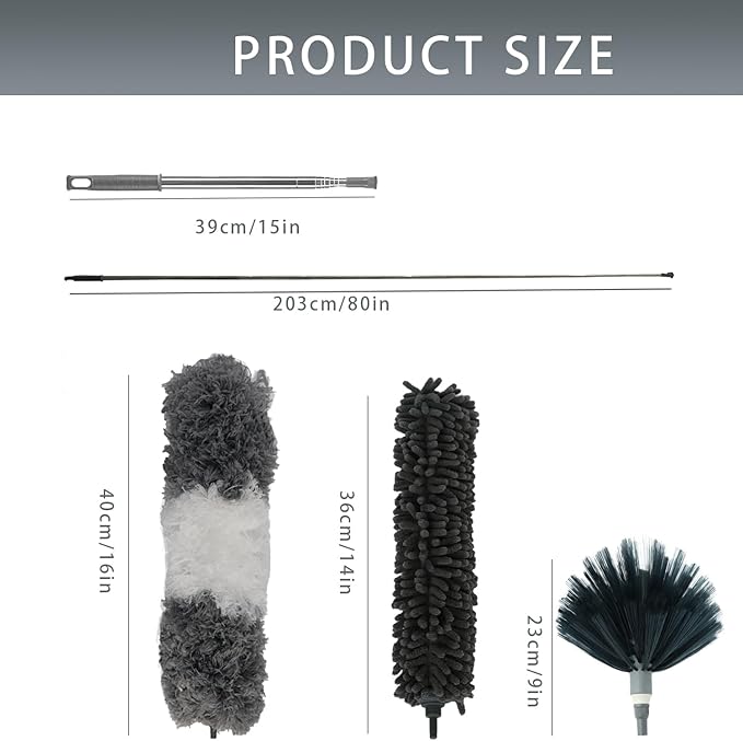 Cobweb Duster with Extension Pole,100" Ceiling Fan Duster Kit with 3 Heads,Bendable Ceiling Fan Cleaner Duster,Washable Reusable Dusting Pole for High Ceiling and Walls Furniture Home
