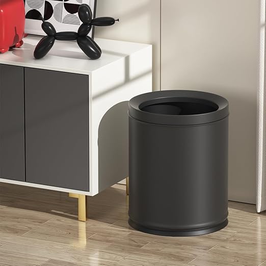 3.17 Gallon/12L Elegant Garbage Can,Double Layers Metal Trash Cans,Light Luxury Black Waste Basket, for Bathroom,Bedroom,Kitchen,Hotel,Office,Bank,Home,Cafe (Black 12L)