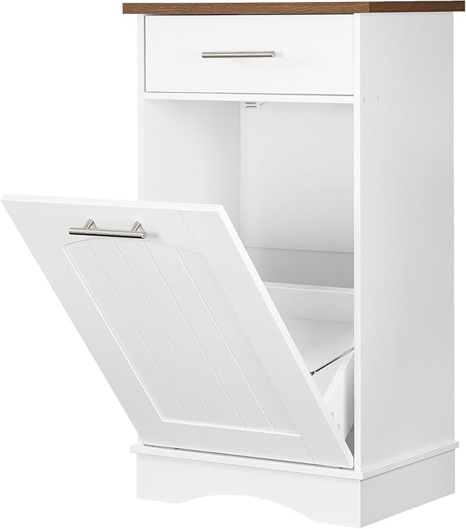 HOOBRO 10 Gallon Tilt Out Trash Cabinet, Kitchen Trash Can,Trash Bin Storage, with Flip Door and Large Drawer, Hidden Laundry Hamper Cabinet, for Kitchen, Laundry, White and Walnut WH02LJ01
