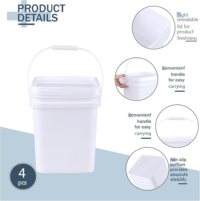 4 Pcs 5 Gallon Plastic Bucket with Airtight Lid, Square Food Plastic Bucket Pail, Heavy Duty Reusable Water Bucket with Handle