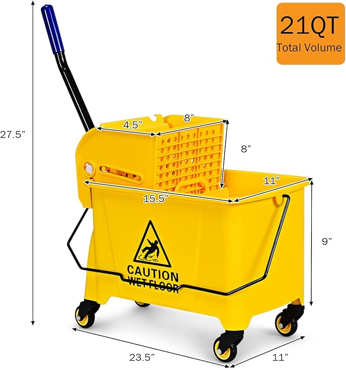 ARLIME Mop Bucket with Wringer On Wheels, 21 Quart Capacity Portable Wringer Trolley on Wheels, Side Press Floor Cleaning Wavebrake w/Handle, Mop Bucket for Home, Commercial, Restaurants