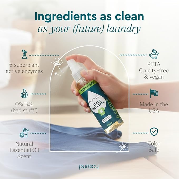 Puracy Stain Remover Spray, Natural Travel and Laundry Stain Cleaner for Clothes, Baby & Kids Stains, Oil & Fabric Spot Cleaner (Unscented, 4 oz)