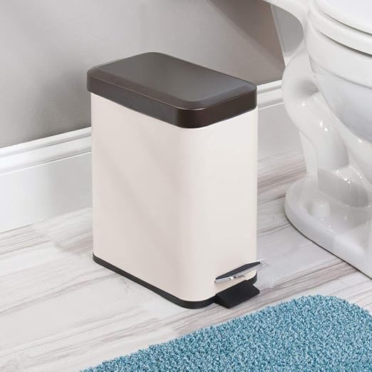 mDesign Small Modern 1.3 Gallon Rectangle Metal Lidded Step Trash Can, Compact Garbage Bin with Removable Liner Bucket and Handle for Bathroom, Kitchen, Craft Room, Office, Garage - Vanilla/Bronze