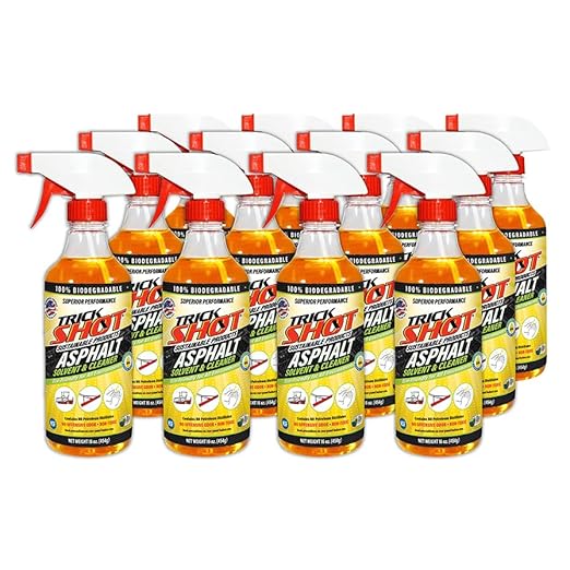 Trick Shot Asphalt Solvent and Cleaner - Biodegradable Industrial Degreaser for Paving Equipment & Tools - Eco-Friendly Remover of Tar, Tack, Sealcoating Oil, & Bitumen, Made in USA (12-Pack)