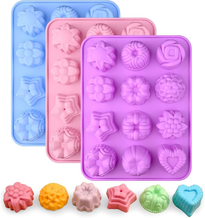 Sakolla 3 Pack Flower Soap Molds, 12 Cavities Different Shapes Silicone Molds for Soap, Lotion Bar, Bath Bombs, Chocolate, Candy