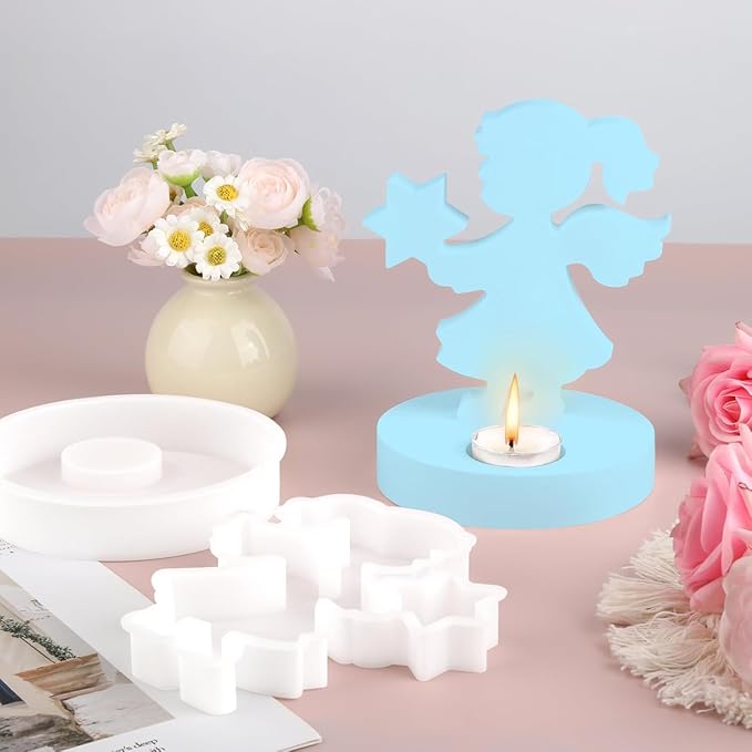 Silicone Mold, Girls Angels Holding Stars in Their Hands, Silicone Casting Molds with Base, Silicone Casting Mold Candle Holder for Soy Wax, Cement Gypsum Decorative Ornaments