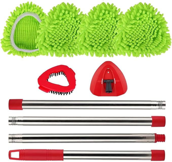 Spin Mop Head Refill for Vileda/Ocedar EasyWring Spin Mop - Rotating Triangle Replacement Pads Washable & Reusable fit All Floor - 4 Microfiber Chenille Cloth 1 Mop Base 1 Handle and 1 Brush