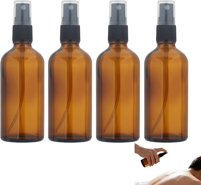 Body Oil Spray Bottle,4 Pack Amber Glass Fine Mist Spray Bottle For Body Oil,100ML(3OZ)