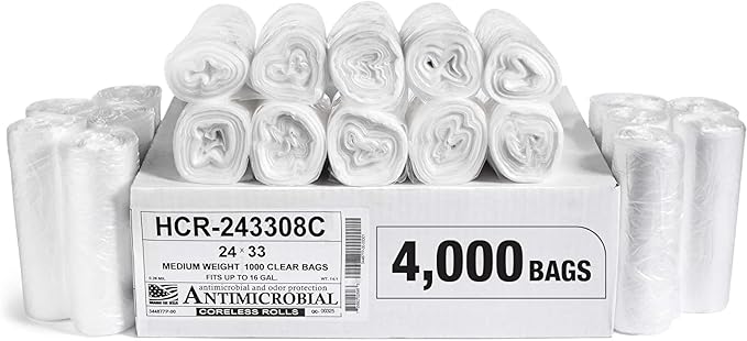 Aluf Plastics High Density Trash Bags, 16 Gallon, 4000 Count, 8 Micron (eq), 24" x 33", Clear, for Bathroom, Office, Industrial, Commercial, Janitorial, Municipal, Recycling