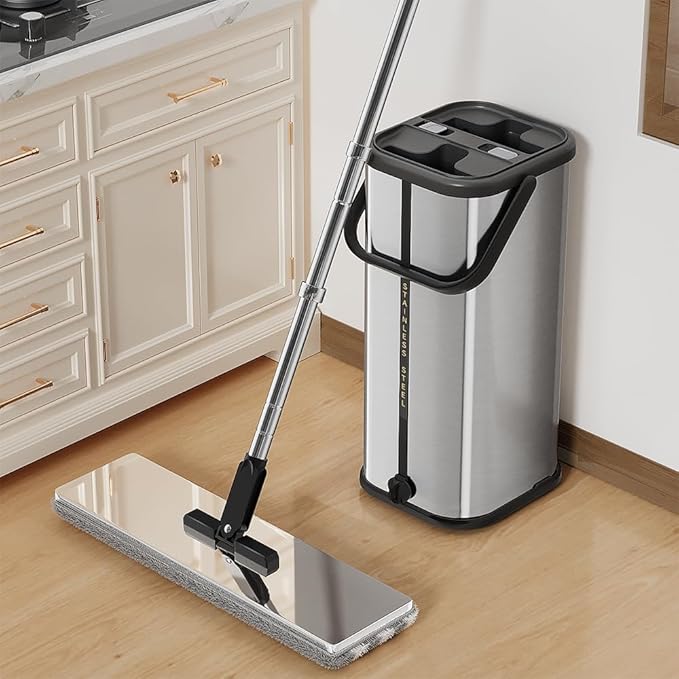 Premium Stainless Steel Microfiber Flat Mop for Floor Cleaning - 360° Pivot Head, Lightweight, Washable Pads - Includes 4 Reusable Absorbent Mop Pads (Silver)