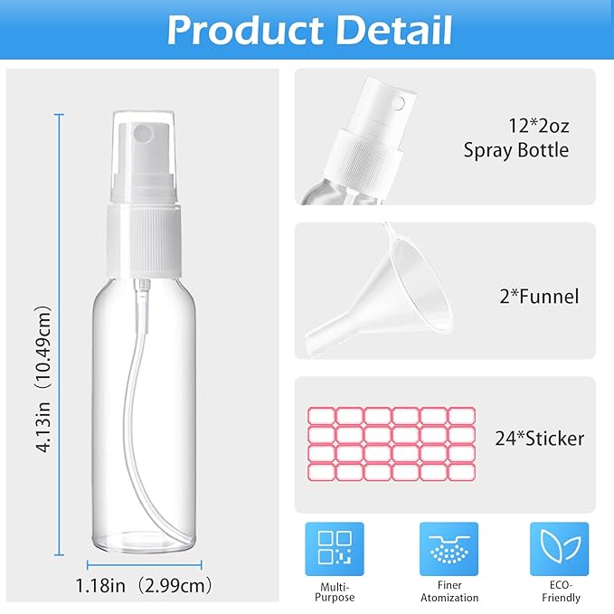 Spray Bottles, 2oz/50ml Clear Empty Fine Mist Plastic Mini Travel Bottle Set, Small Refillable Liquid Containers with 2pcs Funnels and 24pcs Labels (12 Pack)