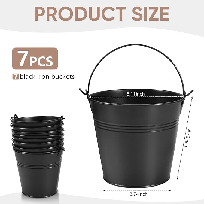 OBTANIM 7 Pack Black Metal Buckets with Handle Galvanized Ice Pails for Plants, Succulents, Party Favors Organizing, Rustic Home Decor or Classrooms Pencil Storage (5.1 x 3.6 inch)