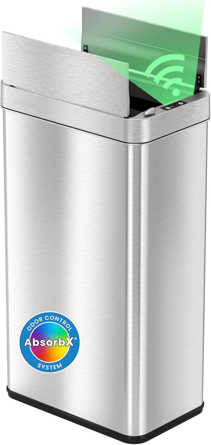 iTouchless 68 Liter / 18 Gallon Wings-Open Lid Sensor Kitchen Trash Can with Odor Filter, Dog-Proof Slim Automatic Large Capacity Stainless Steel Garbage Recycling Bin for Home Office Business Garage
