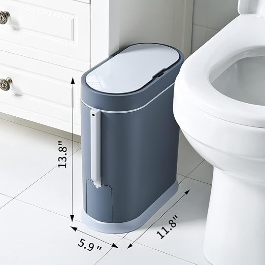 ELPHECO Bathroom Trash Can with Toilet Brush 2.5 Gallon Waterproof Trash Bin Smart Garbage can with lid Motion Sensor Waste Bin Automatic Bathroom Decor(Grey)