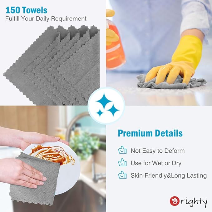 Orighty Grey Microfiber Cleaning Cloth, 150 Pack Highly Absorbent Cleaning Supplies, Lint Free Kitchen Towels Cleaning Rags, Microfiber Towels for Cars, House, Window, 12x12 inch