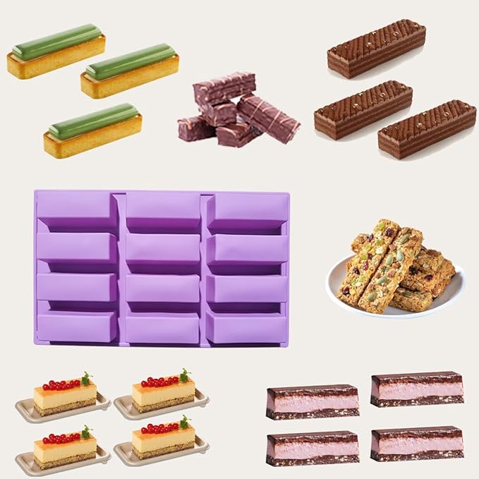 3Pcs oat bar mold - 12rectangle silicone molds - Chocolate silicone mold for baking candies/energy bars, cheesecake, dried fruit cereal cookies (3, purple)