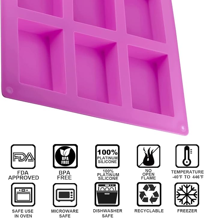 4 Pack Silicone Soap Molds, 6 Cavities Rectangle Silicone Soap Mold, Great for Homemade Craft Soap Bar Mold, DIY Chocolate Molds, Cake Molds & Ice Cube Trays - Just Pop Out (Purple & Pink)