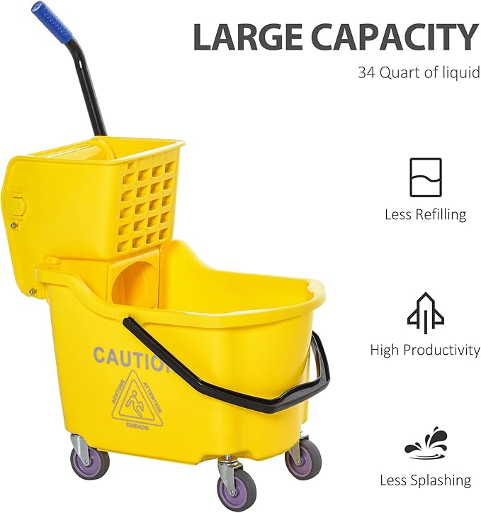 HOMCOM Mop Bucket Cart with Side Press Wringer, Metal Handle and 34 Quart Capacity, Yellow