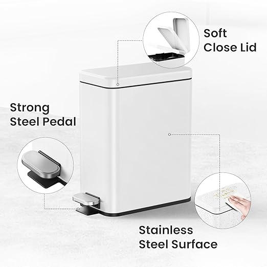 Cesun Bathroom Trash Can with Lid, 2.6 Gallon Small Bathroom Garbage Can Soft Close, Stainless Steel Waste Basket with Step Pedal for Bedroom, Laundry Room, Living Room, Home Office, Toilet, RV, White