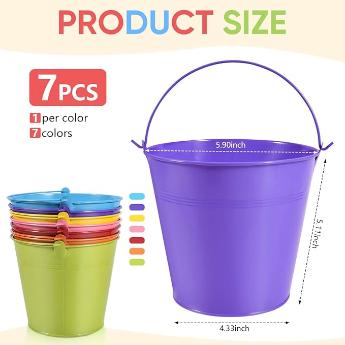 OBTANIM 7 Pack Colorful Metal Buckets with Handle Galvanized Ice Pails for Plants, Succulents, Party Favors Organizing, Rustic Home Decor or Classrooms Pencil Storage (6 x 4.4 inch)