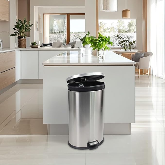 Trash Can with Lid - Assembled in USA 40 Liter/10.5 Gallon Stainless Steel Trash Can with Odor Protection Kitchen Garbage cans with Soft-Close Foot Pedal for Bathroom Home Office, Silver