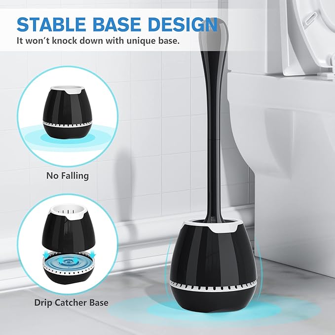 Toilet Brush 2 Pack, Toilet Bowl Brush with Ventilated Holder and Ergonomic Long Handle, Durable Bristles Toilet Scrubber Set for Bathroom Cleaning(Black)