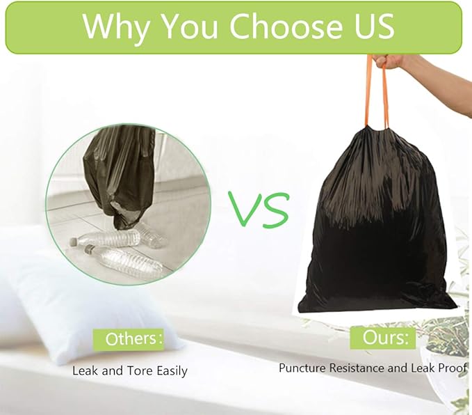 Besli 8 Gallon Black Drawstring Trash Bag Garbage Bag Trash Can Liner,0.9 Mil,90 Counts